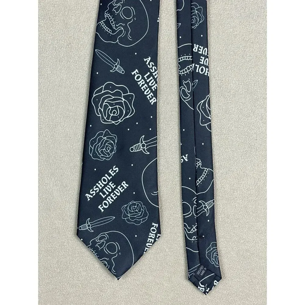 Assholes*s Live Forever Tie Black Skull Roses Sword‎ Adult